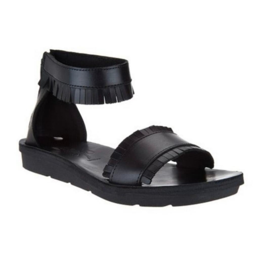 Fly London Black Fringe Ankle-Strap Sandals